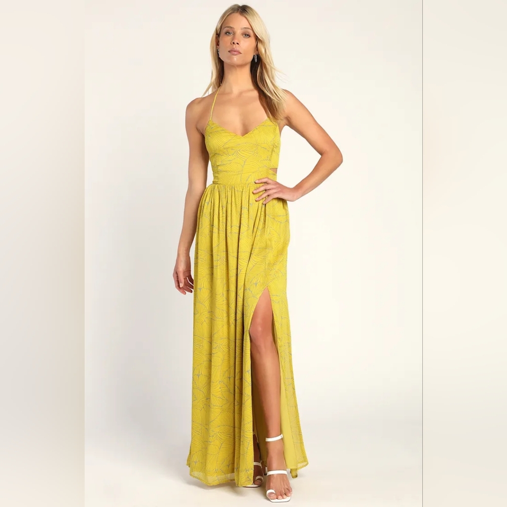 Lulu's Balmy Beauty Yellow Tropical Print Halter Cutout Maxi Dress XS